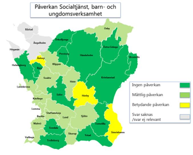 Kommunernas beredskap och kapacitet i mottagandet av nyanlända, ensamkommande barn och asylsökande Påverkan på socialtjänst- och överförmyndarverksamhet Majoriteten av de skånska kommunerna uppger