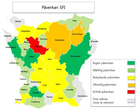 Sfi svenska för invandrare 15 kommuner uppger ingen eller måttlig påverkan på sfi, 9 kommuner uppger en betydande påverkan, 2 kommuner uppger allvarlig påverkan och 1 kommun kritisk påverkan.