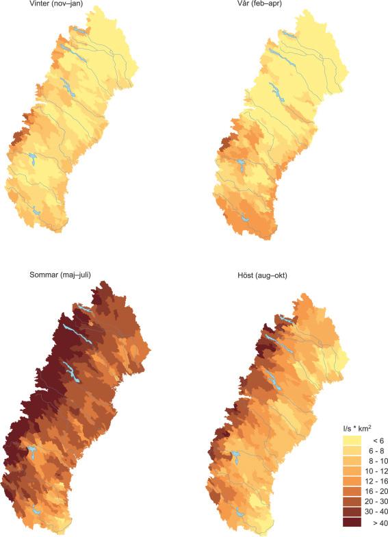 I norra Sverige är avrinningen högst under sommar och höst, medan det omvända gäller för södra Sverige, där avrinningen är högst under vintern och våren.