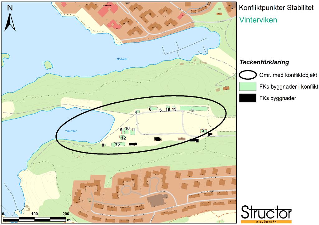 2017-02-27, Sida 43 av 53 Figur 4.19. Konfliktpunkter stabilitet, byggnader som är i konflikt med försämrad stabilitet, Vinterviken.