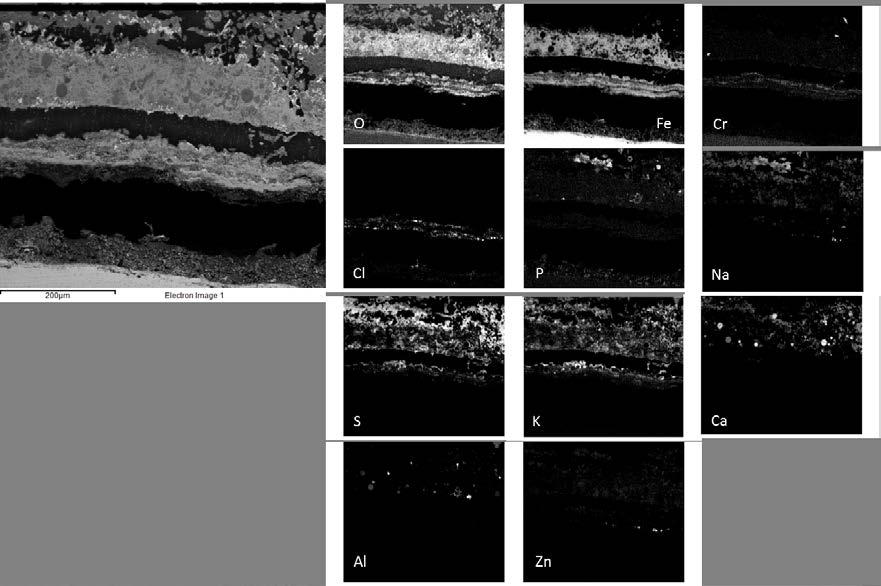 Figur 36. SEM/EDX bilder av T22 exponerat vid 770 C rökgastemperatur och med 280 C materialtemperatur i 24 timmar i försöket Svavel Figure 36.