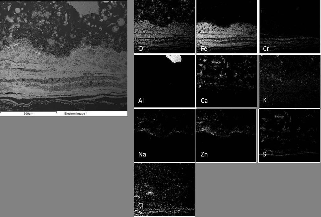 Figur 39. SEM/EDX bilder av T22 exponerat vid 630 C rökgastemperatur och med 420 C materialtemperatur i 24 timmar i försöket SLF Figure 39.