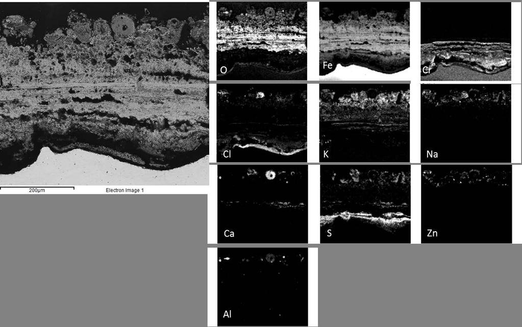 Figur 43. SEM/EDX bilder av T22 exponerat vid 630 C rökgastemperatur och med 500 C materialtemperatur i 24 timmar i försöket SLF Figure 43.