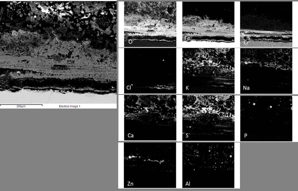 Figur 45. SEM/EDX bilder av T22 exponerat vid 630 C rökgastemperatur och med 500 C materialtemperatur i 24 timmar i försöket SlamM Figure 45.