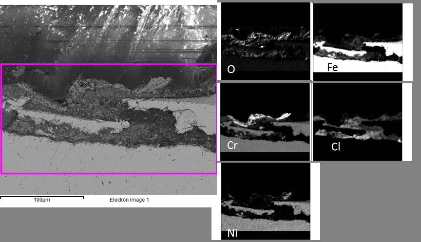 Figur 49. SEM/EDX bilder av stålytan där korrosionsskiktet flagat på 304L exponerat vid 630 C rökgastemperatur och med 500 C materialtemperatur i 24 timmar i försöket SLF Figure 49.