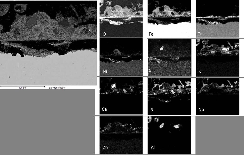 SEM/EDX 630 C rökgastemperatur och 500 C materialtemperatur 304L Svavel I Figur 51 visas en SEM/EDX analys av korrosionsfronten av 304L exponerat vid 500 C (material) i försöket Svavel.