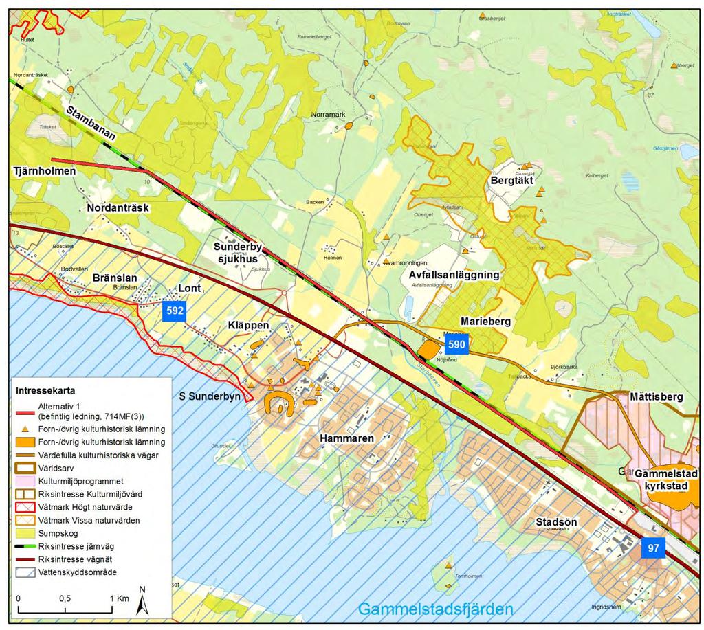 Figur 6-3. Intressen i området. Ledningen är i sin helhet förlagd till redan exploaterade områden med kraftledningsgata, vägar och järnväg som dominerar landskapet.