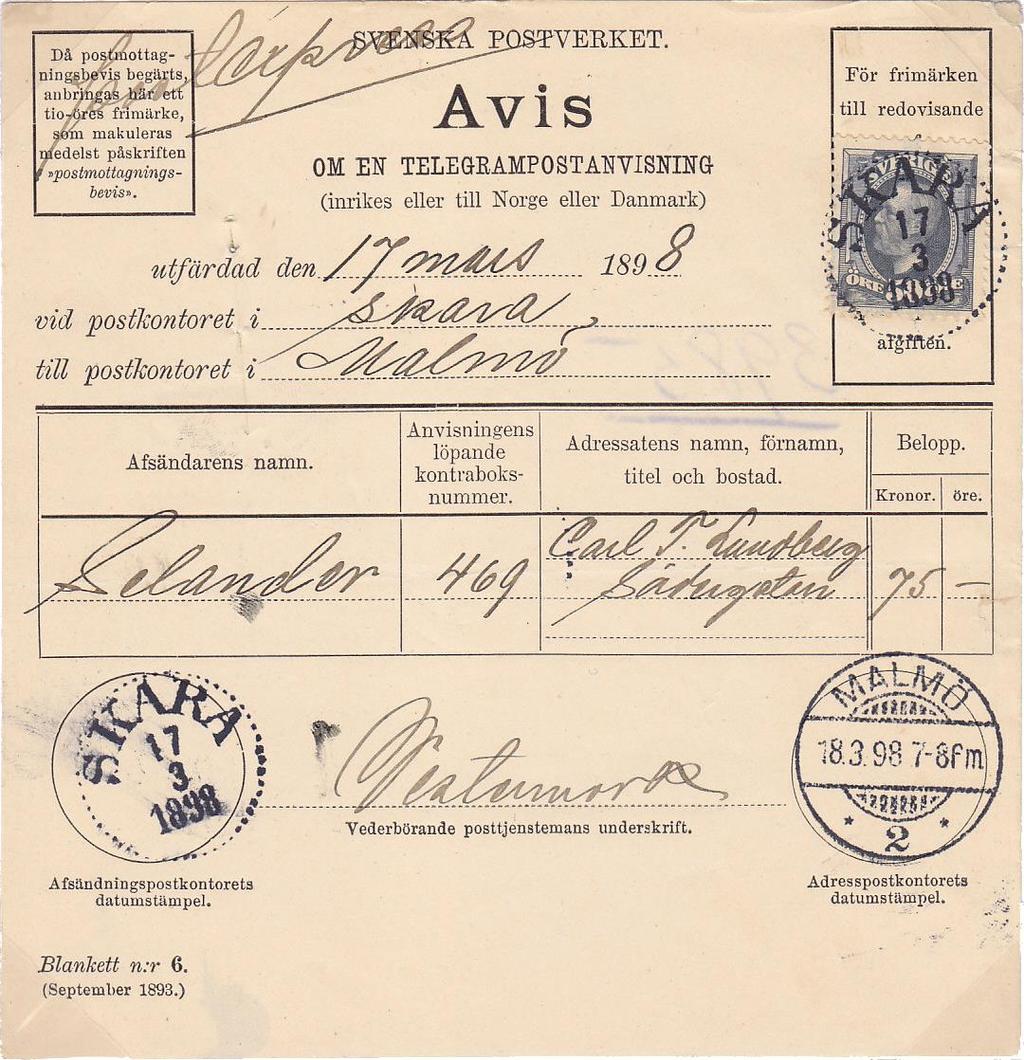 12. EXPRESSUTDELNING Inrikes telegrampostanvisning och utrikes brev Inrikes telegrampostanvisning, belopp: 75 kr, expressutdelad Skara 17/3 1898 Malmö 18/3 1898 Postanvisning (50-100 kr)