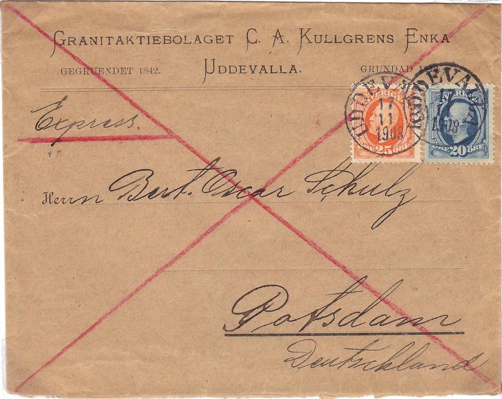 12. EXPRESSUTDELNING Utrikes brev, vanligt och rekommenderat Brev till Tyskland, 1:a viktklassen, expressutdelat Uddevalla 17/11 1908 Potsdam 18/11 1908