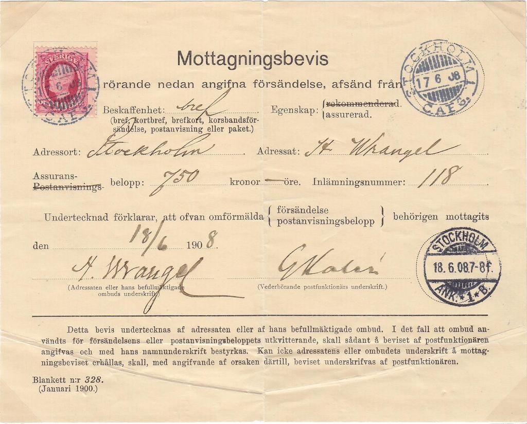 13. MOTTAGNINGSBEVIS.. Portotabell 1892-1912 Avgiften för mottagningsbevis var under hela perioden 10 öre, såväl inrikes som utrikes.