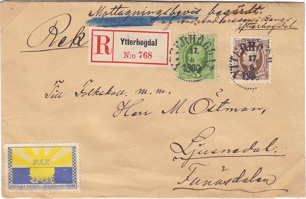 porto 50 öre Mottagningsbevis inrikes brev. Före april 1900 frankerades brevet upp med 10 öre och mottagningsbeviset utfärdades av adresspostanstalten (ovan).