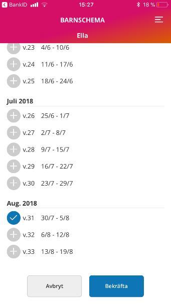 I övre menyn scrollar du mellan månader och veckor. Under detta finns ytan där du lägger schemat för vald vecka.