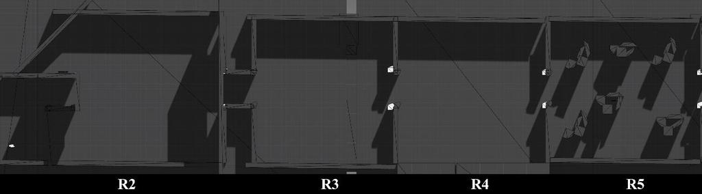 Figur 30: Spelets karta sett uppifrån för rum 2 till 5. Figur 31: Spelets karta sett uppifrån för rum 6 till 9. Spelarna i testgrupp A ser ut att överlag täcka mindre mark än testgrupp B.