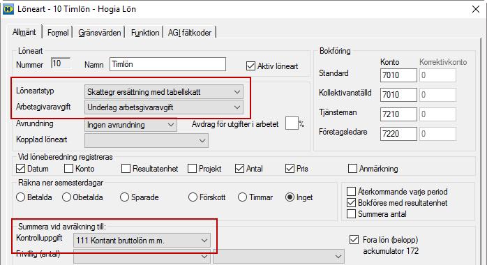 Löneartstyp och Arbetsgivaravgift styr var värdet ska hamna på Arbetsgivardeklarationen. Inställningen under Summera vid avräkning till styr i vilken ackumulator värdet ska sparas.