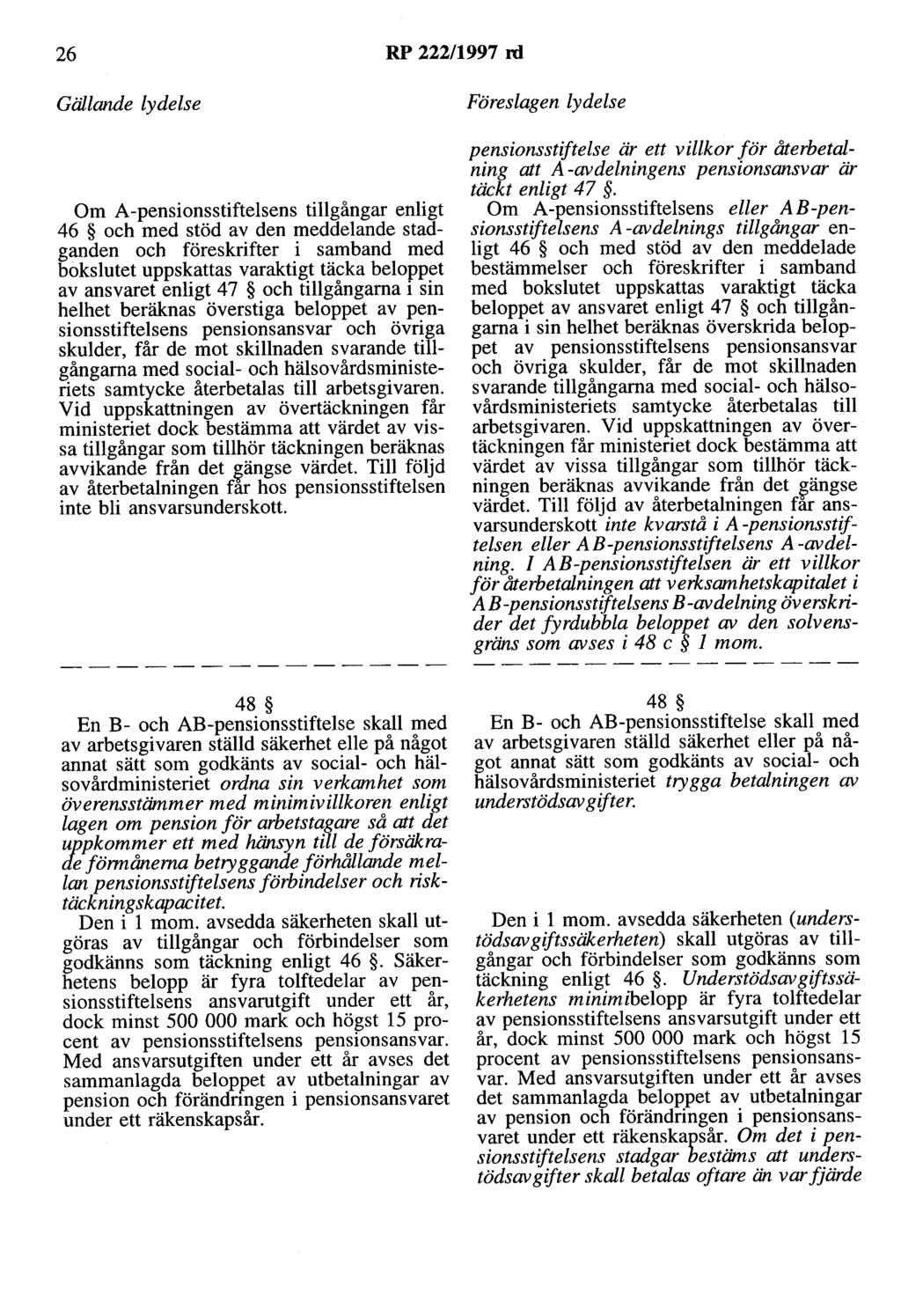 26 RP 222/1997 rd Gällande lydelse Om A-pensionsstiftelsens tillgångar enligt 46 och med stöd av den meddelande stadganden och föreskrifter i samband med bokslutet uppskattas varaktigt täcka beloppet