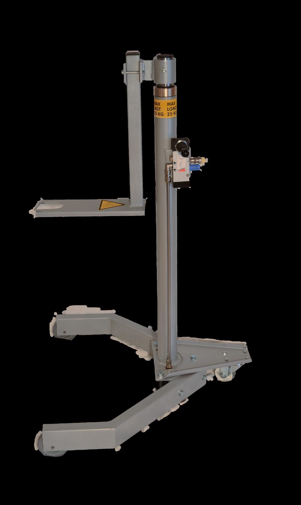 nr: 0102135 A Stationary pump elevator The elevator is air-operated and equipped with operating valve and base with mounting holes. Fits for 1/1-drum and 1/4-drum. Width: 250 mm Height: min.