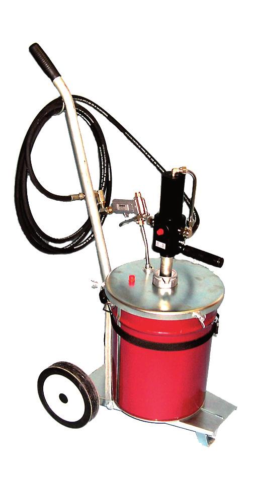 nr: 0102191 Mobile greasing unit for 16-20 kg pail, c omprising 1:50 ratio grease pump, Comprising: Grease pump Drum lid (for pail), Follower plate (for pail), 5 metre long 1/4 hose, z-swivel, grease