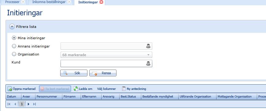 I resultatdelen för Initieringar finns knappen Välj kolumner. Här kan du välja vilka kolumner som ska visas i resultatet.