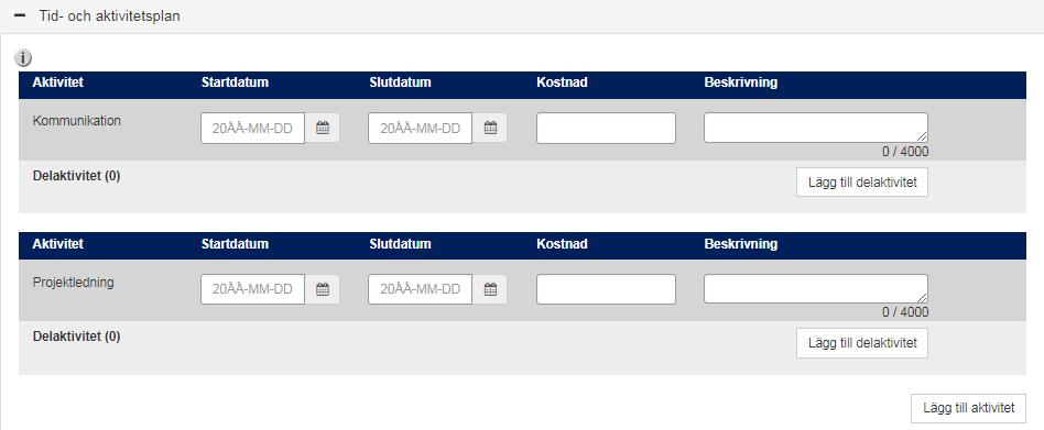 Fliken Tid- och aktivitetsplan Aktiviteterna projektledning och kommunikation är obligatoriska.
