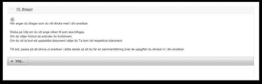 Fliken Bilagor Här finns möjlighet att ladda upp och skicka in bilagor.