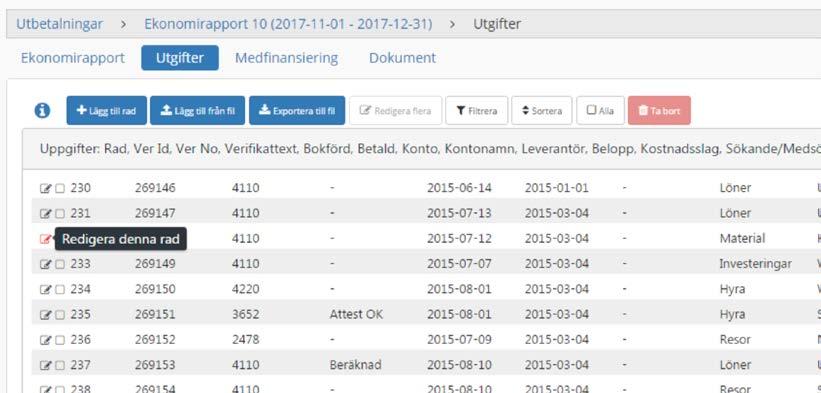 Redigera enskild utgiftsrad Denna funktion används främst när enskilda uppgifter