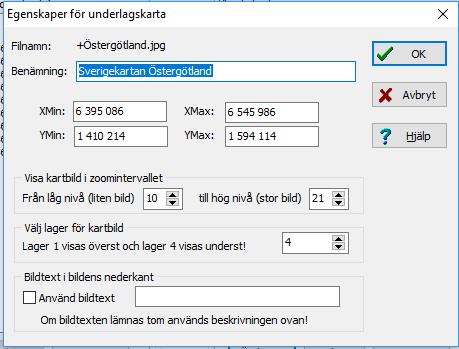 Kartfunktionen i Disgen 2016, Studiehandledning Del 2 13 Ändra en underlagskartas zoomgränser och lager I dialogen för Val av Underlagskartor (se föreg.