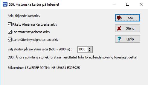 När du högerklickar visas kartans popup-meny. Klicka nu på Visa historiska kartor Dialogen Sök Historiska kartor på internet visas. Klicka på Sök.