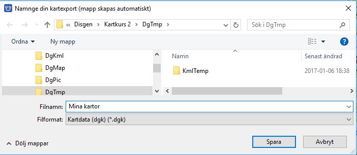 Kartfunktionen i Disgen 2016, Studiehandledning Del 2 57 Export av kartpaket De kartbilder som du placerar i Disgens datamapp DgMap kan i valda delar buntas ihop och paketeras i kartpaket.