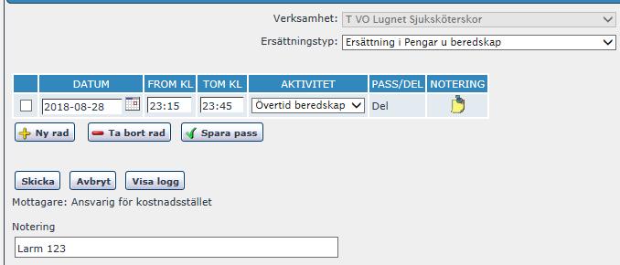 Klicka på Registrera. Klicka på Övertid under beredskap (T).