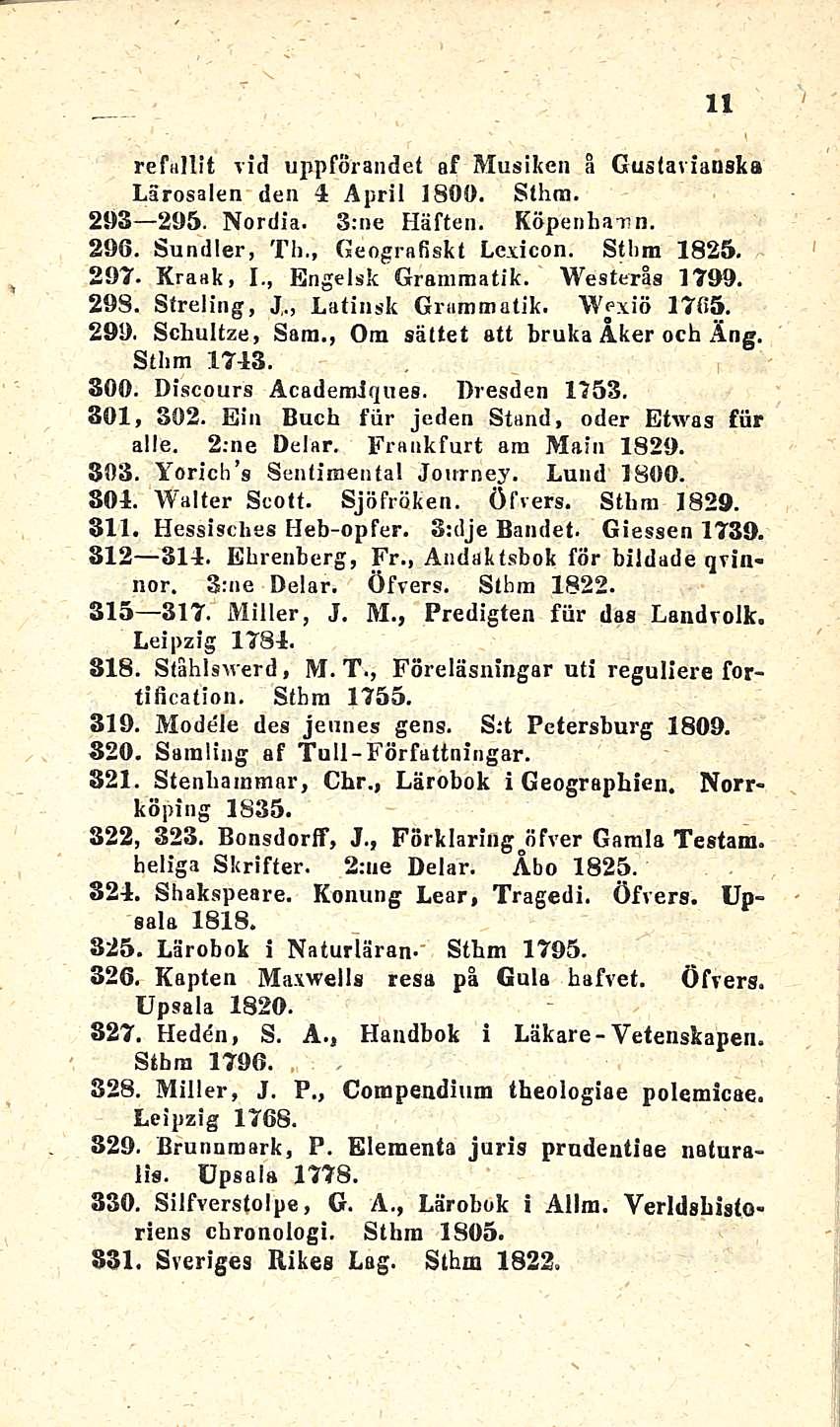 11 4 refallit vid uppförandet af Musiken å Gustaviansks Lärosalen den 4 April 1800. Sthm. 21)3 295. Nordia. S:ne Kätten. Köpenbaiin. 296. Sundler, Tb., Geografiskt Lexicon. Stlim 1825. 297. Kraak, 1.