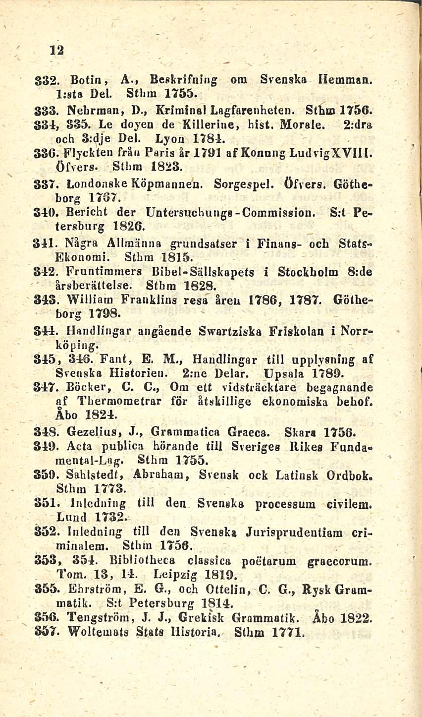 12 332. Uotin, A., Beskrifning om Svenska Hemmsn, l;sta Del. Sthm 1755. 333. Nehrman, D., Kriminä! Lagfarenheten. Sthm 1756. 331, 335. Le doyen de Killeriue, hlst. Morsle. 2;dra och 3:dje Del.