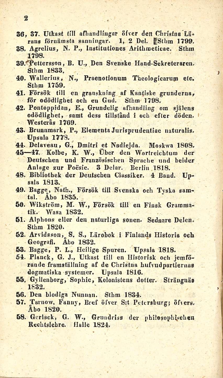 2 36, 37. Utkast tili afbandlingar ofver den Christna Larang förnämsta sanniugar. 1, 2 Del. fstbm 1799. 38. Agrelius, N. P., Ingtitutiones Arithraeticae. Sthm 1798. SO.^ettersson, B. U., Den Svenske Hand-Sekreterarcn.