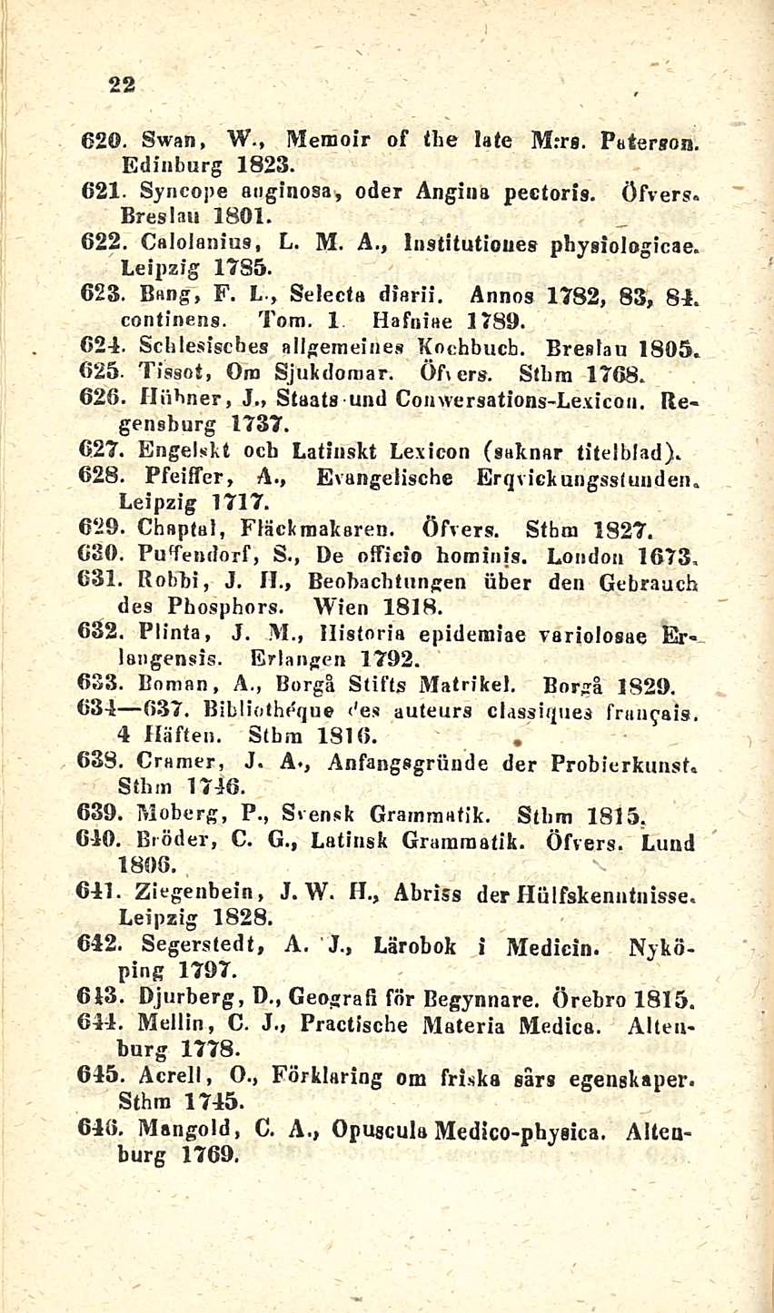 22 620. Swan, W., Memoir of tbe late Mrrg. Paterson. Edinburg 1823. 621. Syncope anginosa, oder Angina pectoris. Öfvers. Breslau 1801. 622. Calolanius, L. M. A., Instituticnes physiologicae.