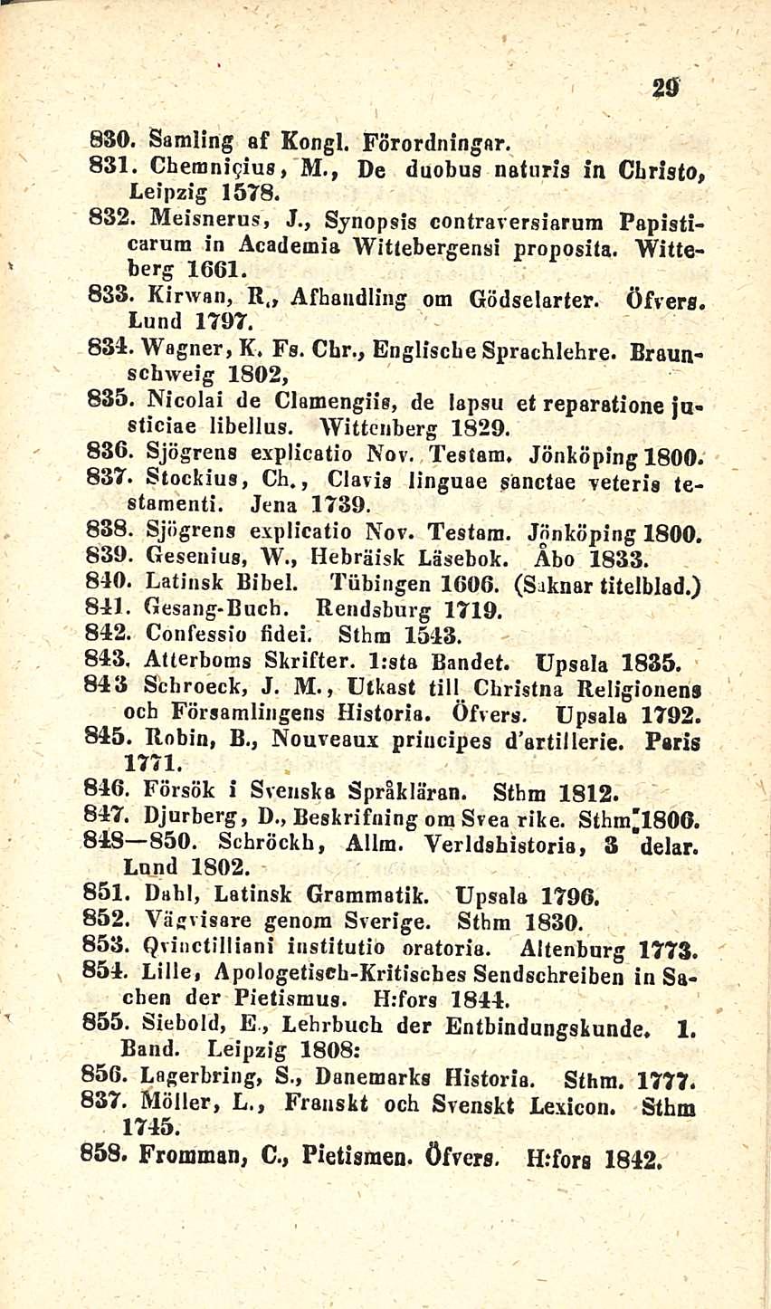 29 * 830. Samling af Kongi, Förordningar, 831. Chemniijius, M., De duobus naturia in Cbristo, Leipzig 1578. 832. Meisnerus, J.