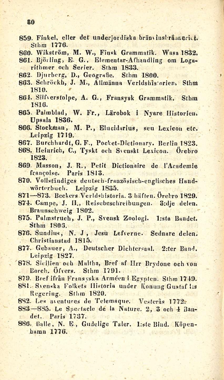 30 850. Finkel, eller det Underjordiska bräm iasi>rä.ineri<.t< Sthm 1710. 800. Wikström, M. W.j Finsk Grammatik. Wasa 1832, 861. Björling, E. G., Elementar-Afhandling rithmer och Serier. Sthm 1833.