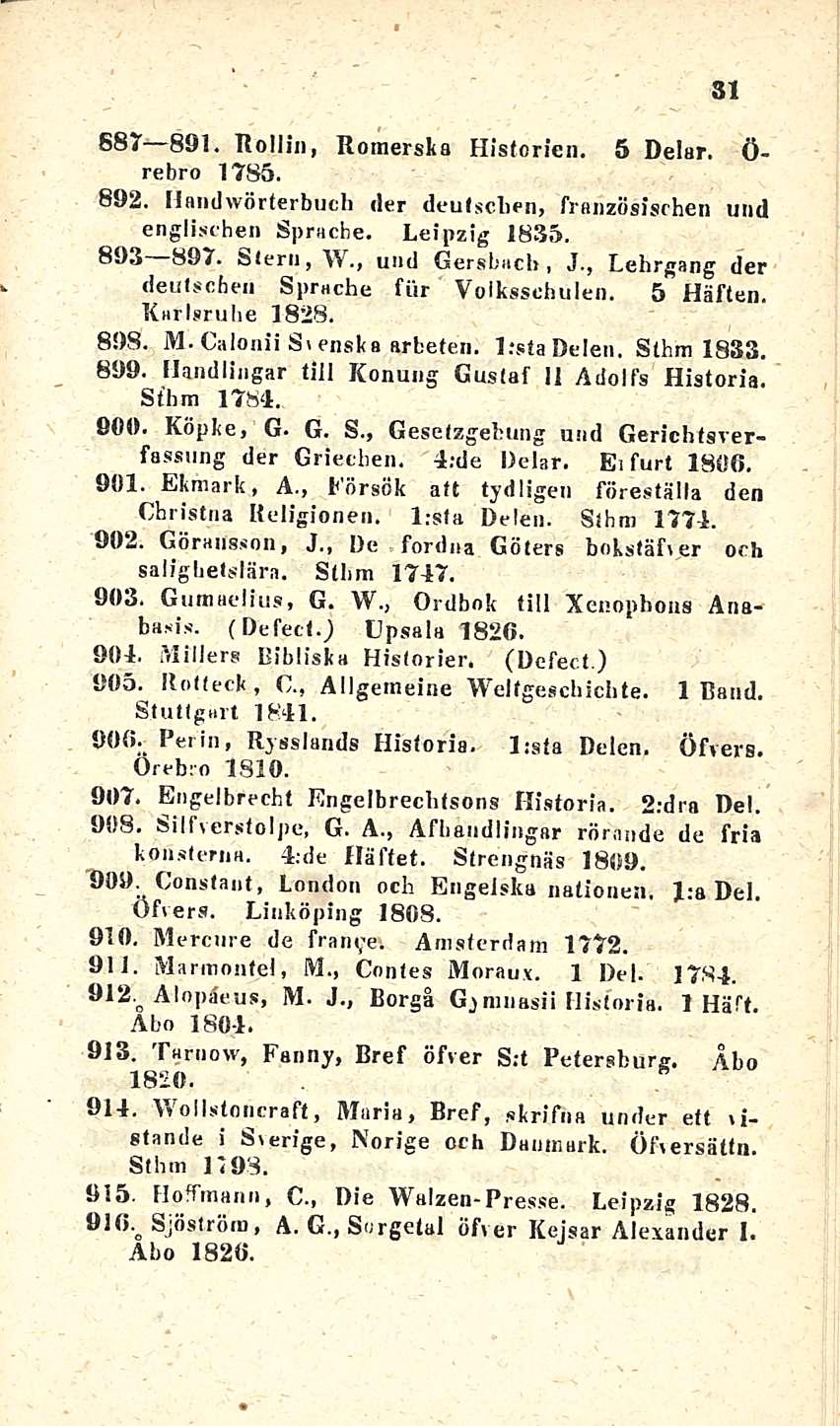 31 891. Rollin, Romerska Hisfcricn. 5 Delar. Ö- rebro 1785. 892. Ilandwörterbuch der deutscben, französisrhen und englischen Sprache. Leipzig 1835. 893 897. Sieni, W., und Gersbacb, J.
