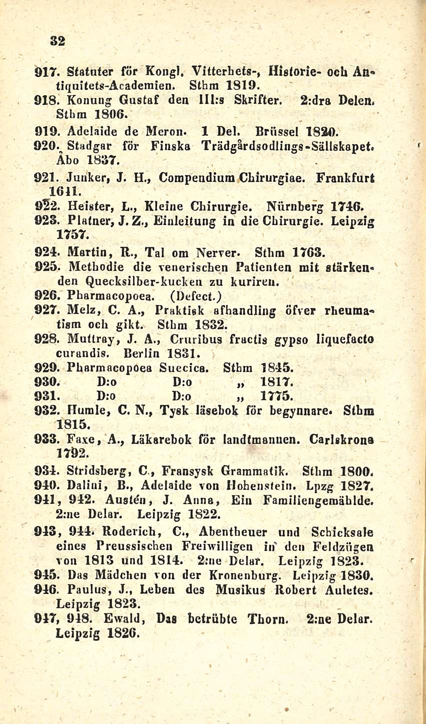 32 917. Statnter för Kong), Vitterhets-, Higtorie- och An* tiquitets-acaderaien. Sthra 1819. 918. Konnng Gustaf den Hl:s Skrifter. 2:dra Delen. Stlira 1806. 919. Adclaide de Mcron. 1 Del.