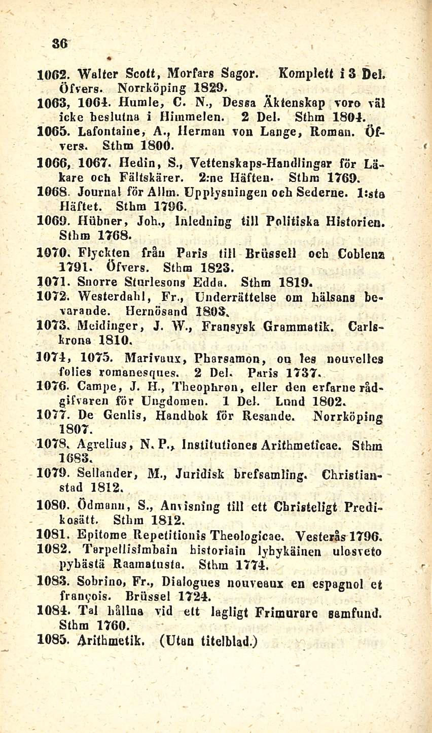 36 1062. Walter Scott, Morfars Sogor. Kompleft i 3 Del. Öfvers. Norrköping 1829. 1063, 1064. Humle, C. N., Dessa Äktenskap voro vai icke beslutna i Hiinmelen. 2 Del. Sthm 1804. 1065. Lafontaine, A.