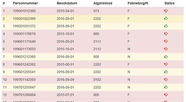 16 Besöksrader i den uppladdade Visitfilen Listan kommer att innehålla alla rader i Visitfilen.