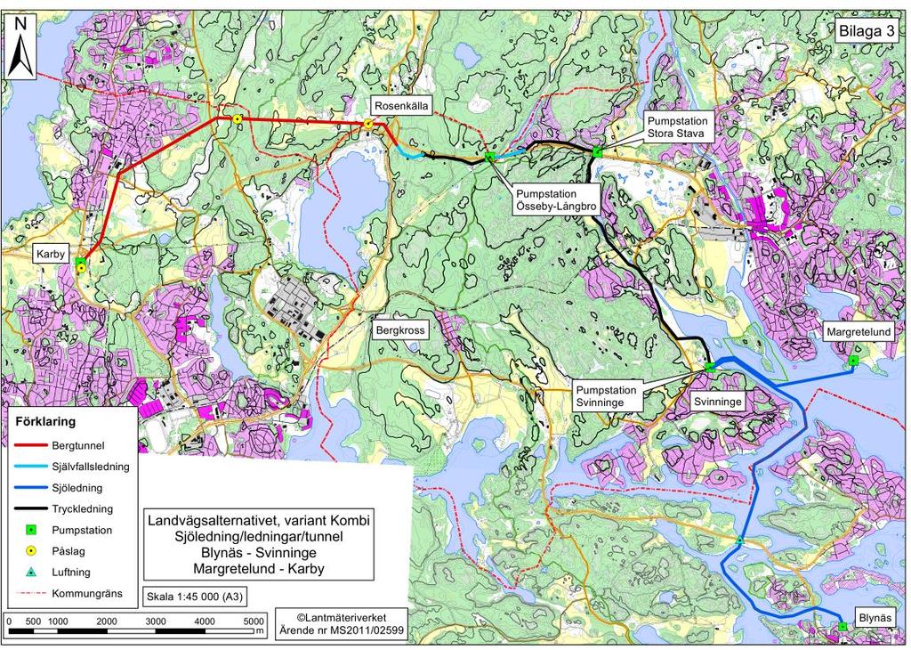 Figur 4-2. Landsvägsalternativet från förstudien, variant Kombi, bortvalt. 4.2.2 Sjövägsalternativ I sjövägsalternativet ansluts Margretelund respektive Blynäs med en sjöledning till Käppalaverket (se Figur 4-3).