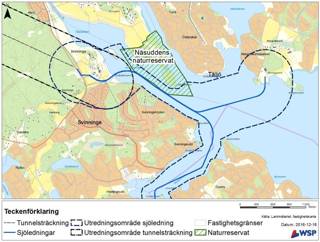 Figur 5-9. Utredningsområde kring aktuell ledningssträckning berör ett naturreservat, Näsuddens naturreservat i Österåkers kommun.