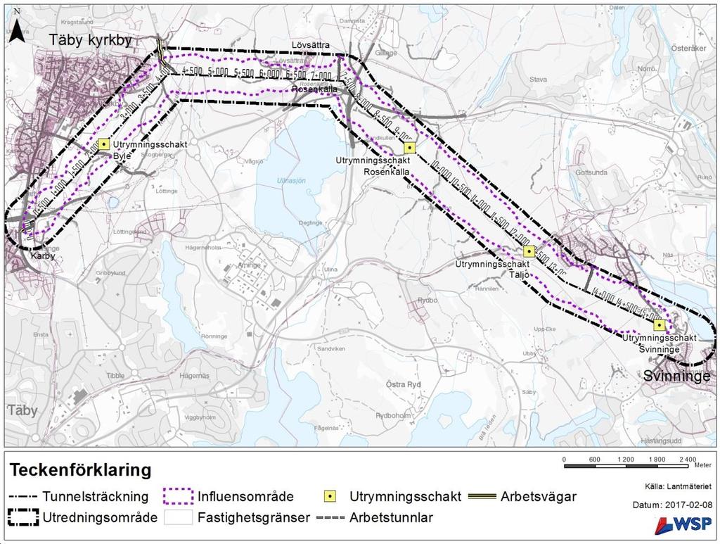 Figur 6-1. Samlad bedömning av influensområde för ÖVA-tunneln inklusive arbetstunnlar. 6.2.
