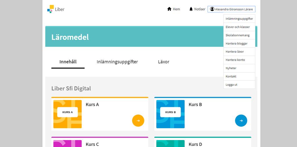 Navigering När du loggar in som lärare finns en meny längst upp med tre ikoner: Hem: Hamnar du alltid på denna första sida Notiser: Klickar du på notisikonen visas notiser under ikonen.