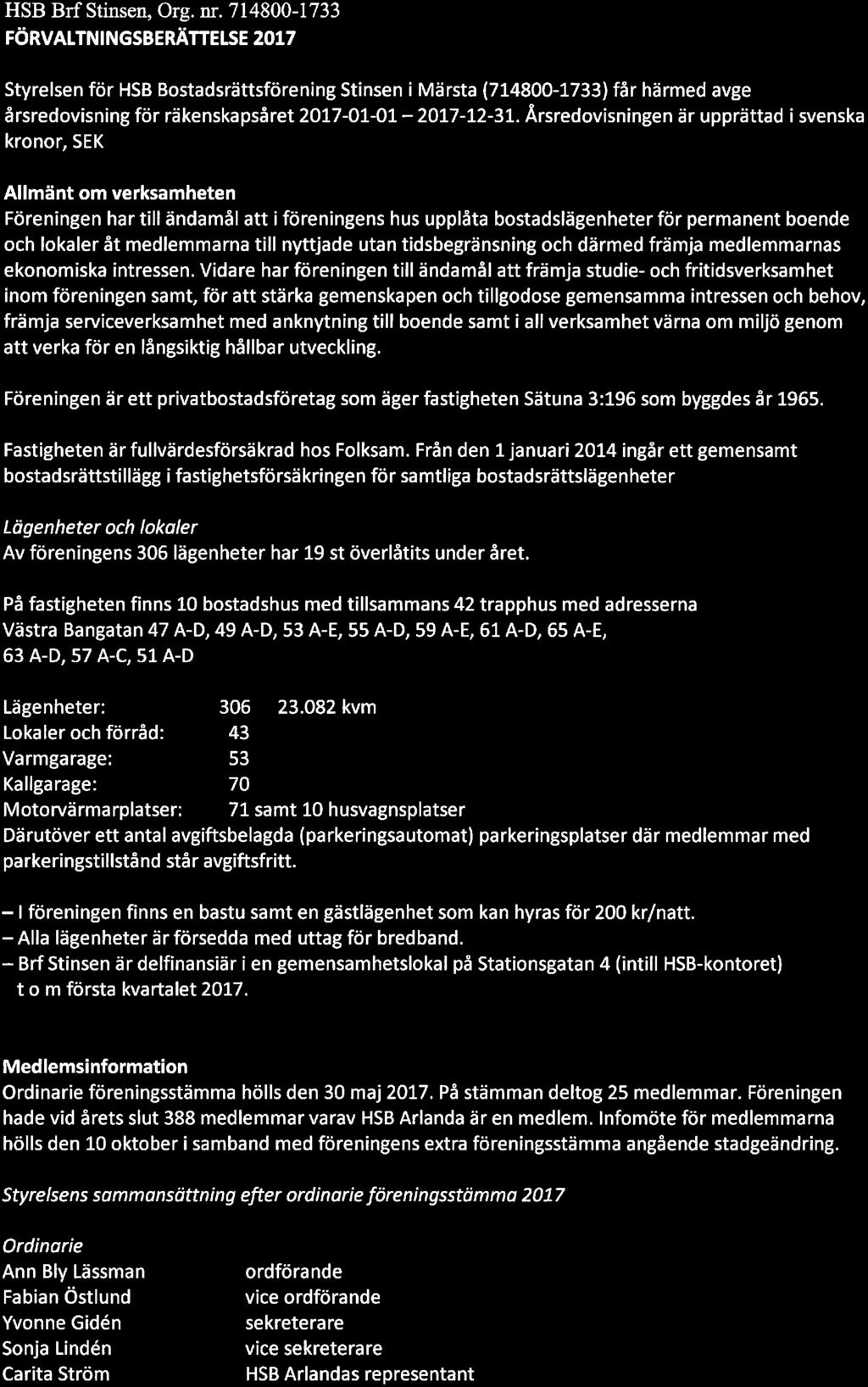 HSB Brf Stinsen, Org. nr. 714800-1733 l FÖRVALTNINGSBERÄTTELSE 2017 Styrelsen för HSB Bstadsrättsförening Stinsen i Märsta (714800-1733) får härmed avge årsredvisning för räkenskapsåret 2017-01-01 -.