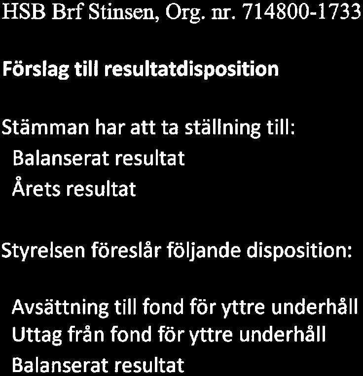 följande dispsitin: Avsättning till fnd för yttre underhåll Uttag från fnd för yttre underhåll Balanserat resultat 4 808 165 3 178 829 7