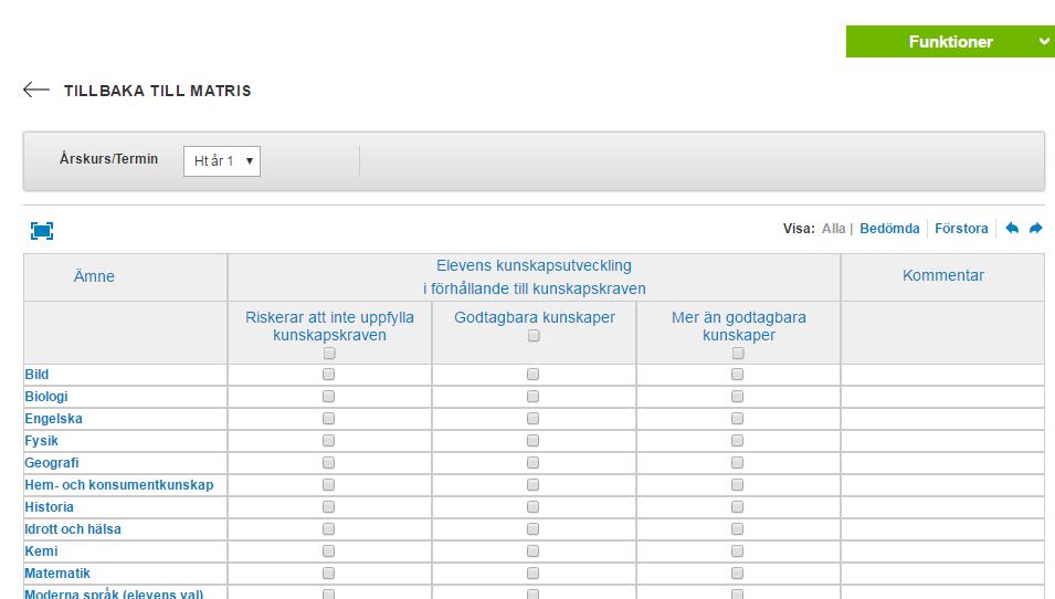 Bedömningsmatrisen och omdömesblanketten i Infomentor är synkade med varandra. Du kan välja att redovisa dina omdömen i form av kryss och kommentarer i bedömningsmatrisen eller i omdömesblanketten.