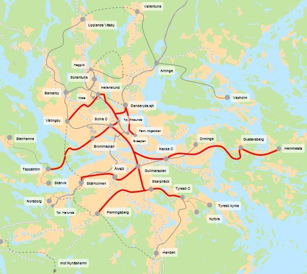 21(22) Karta över prioriterade stråk (röda) I den centrala delen av länet, där kollektivtrafiken har höga marknadsandelar i högtrafik, utgör trängsel och framkomlighetsproblem de största utmaningarna.