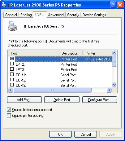 Ovan ser man inställning för en dator som är ansluten direkt till datorns skrivarport (parallell-port).