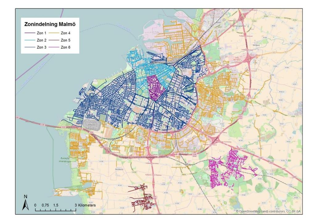 Figur 25. Zonindelning för områden av länkar med hastighetsförändring i Malmö. Tabell 30.