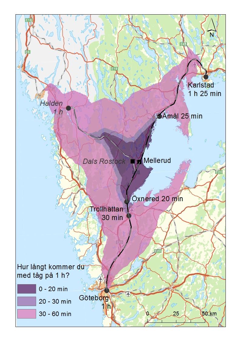 Kartan illustrerar hur långt man kommer med tåg från Melleruds kommun.